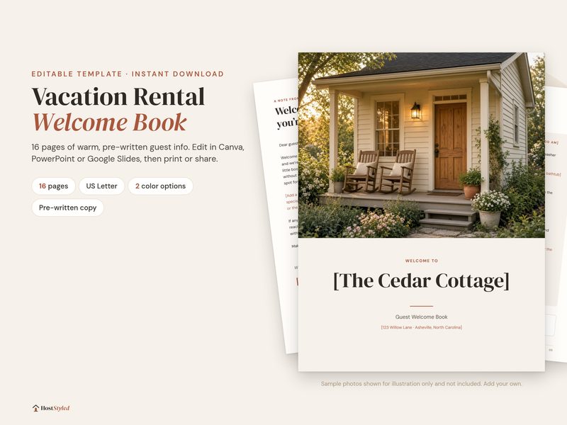 Vacation Rental Welcome Book template: cover page and inside pages in the Warm Neutral design